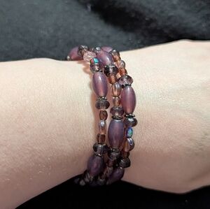 Purple Beaded Memory Wire Flexible Statement Bracelet